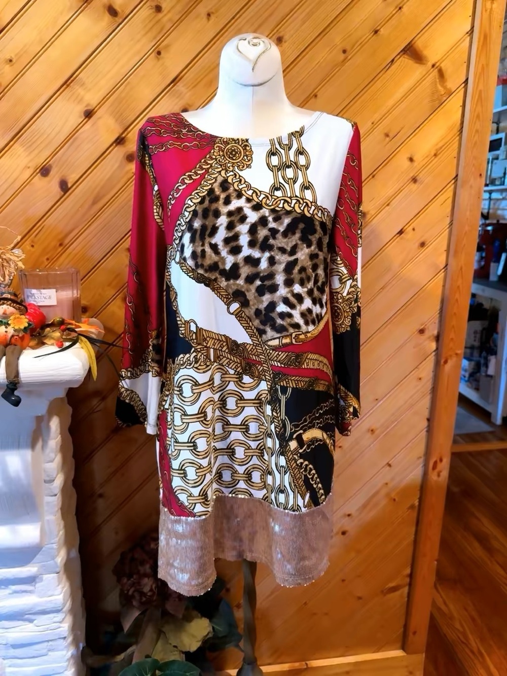 Sunny Leigh 2010s Leopard Chain Baroque Sequin Bell Sleeve Dress Small